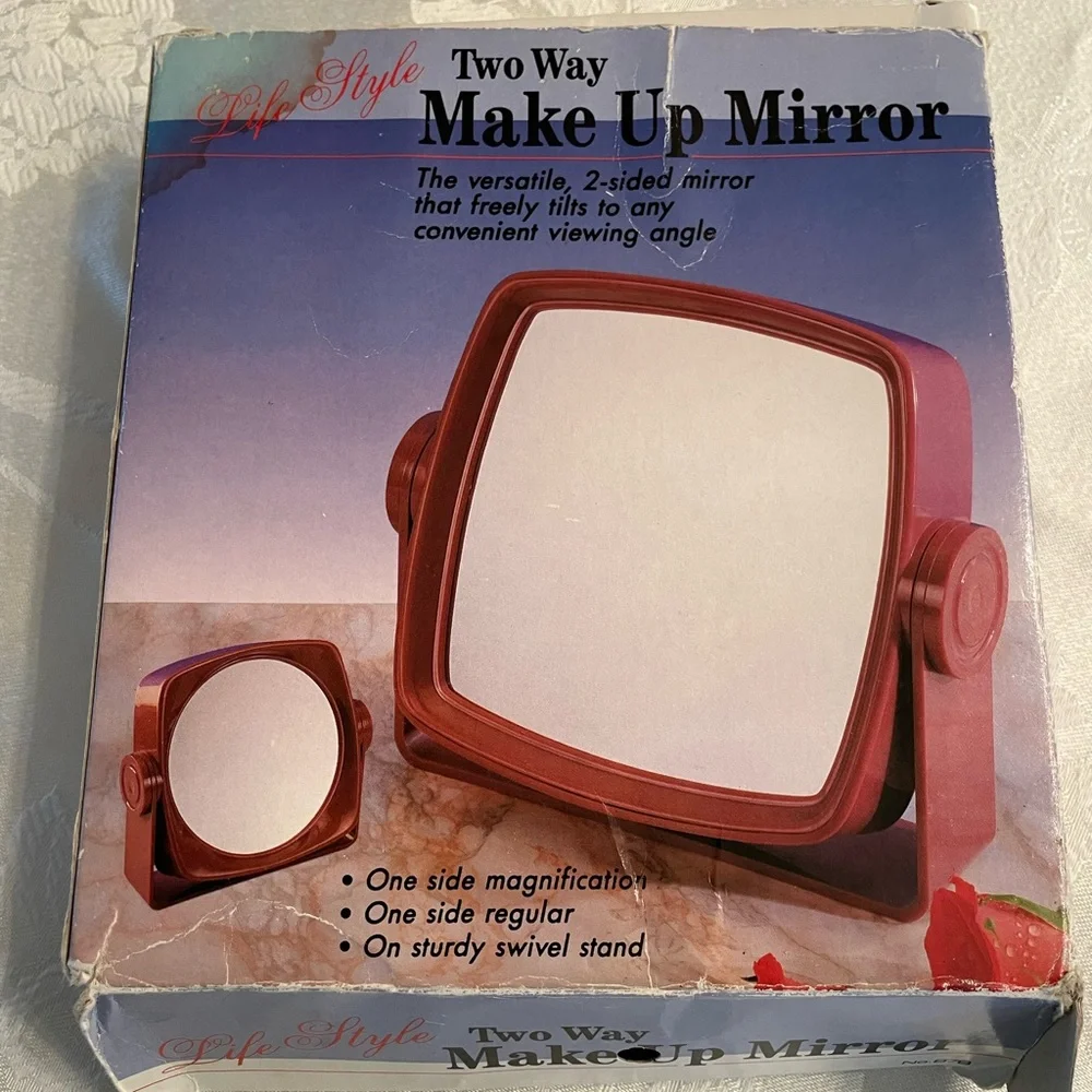 Makeup mirror on stand is a sturdy lucite case